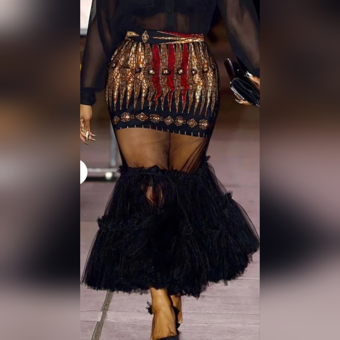 Chic Black And Red Patterned Skirt Mesh With Ruffles 4x Xpluswear